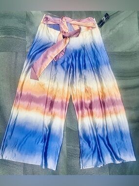 Coco Bianco Women’s High Waisted Flowy wide leg pants matching belt NWT Sz L